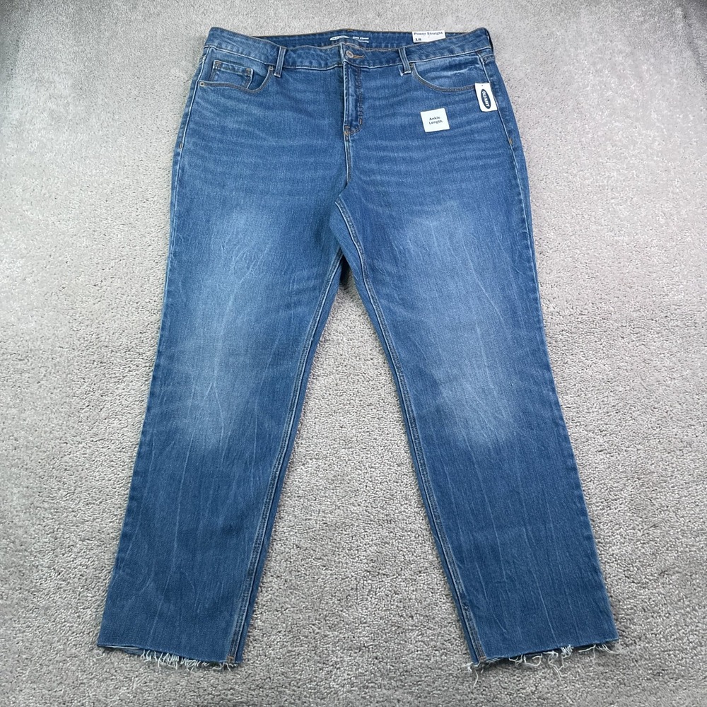NEW‎ Old Navy Jeans Women 18 Blue Ankle Power Straight High Rise Raw Hem Denim